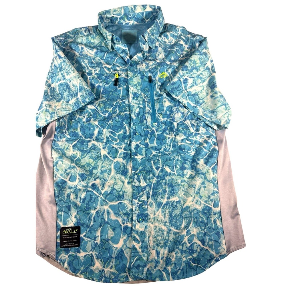 Loco Skailz Blue Water Camo Fishing Shirt Mens M Performance Vented Like New UPF